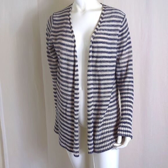 Coldwater Creek Sweater Medium 10-12 Blue and White Striped Cardigan - Picture 3 of 7